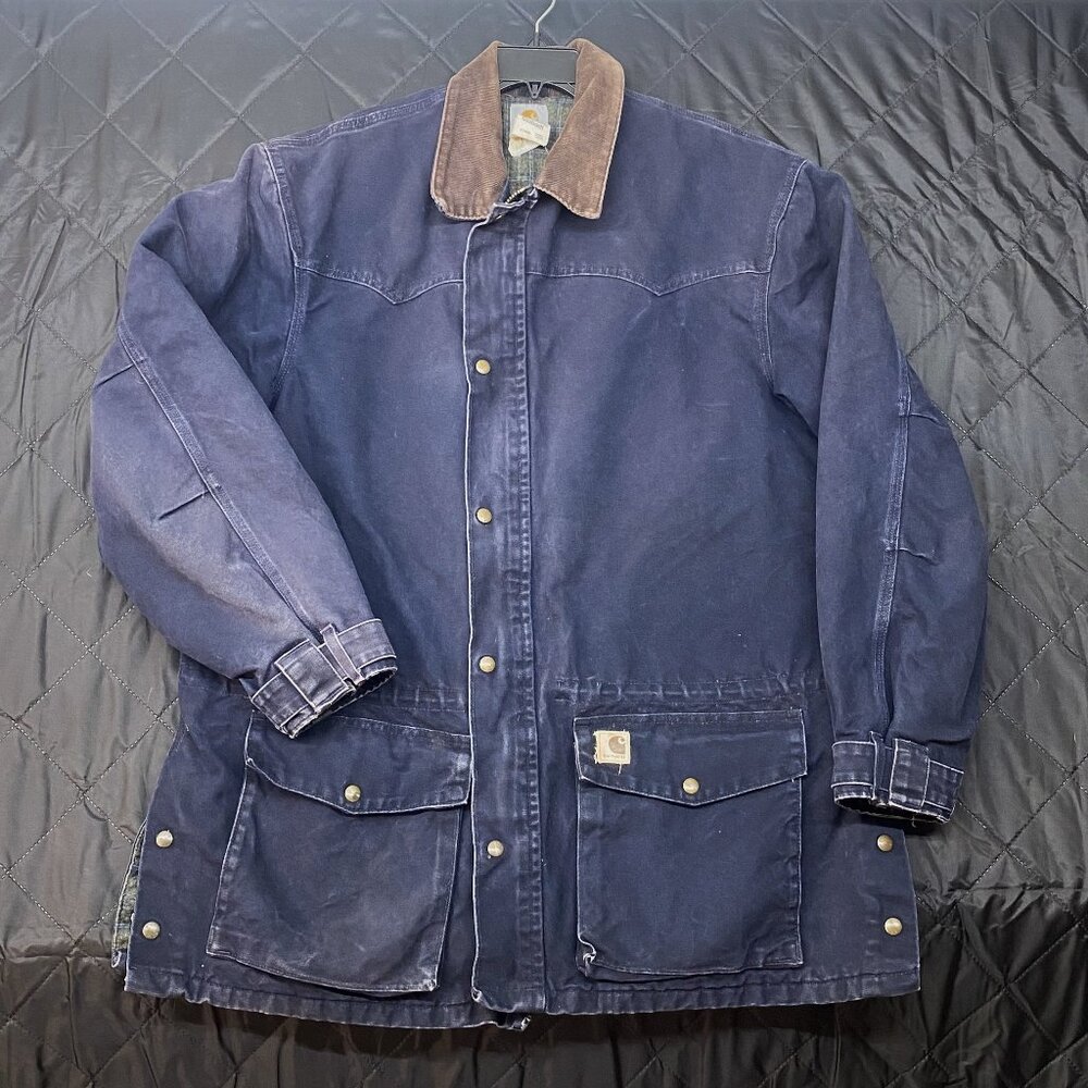 Vintage 90's Carhartt Rancher Jacket Barn Coat Blanket Lined Blue Canvas XL